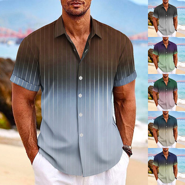 Gradient Striped Print Lapel Button Short-sleeved Shirt-0-Rambla Store
