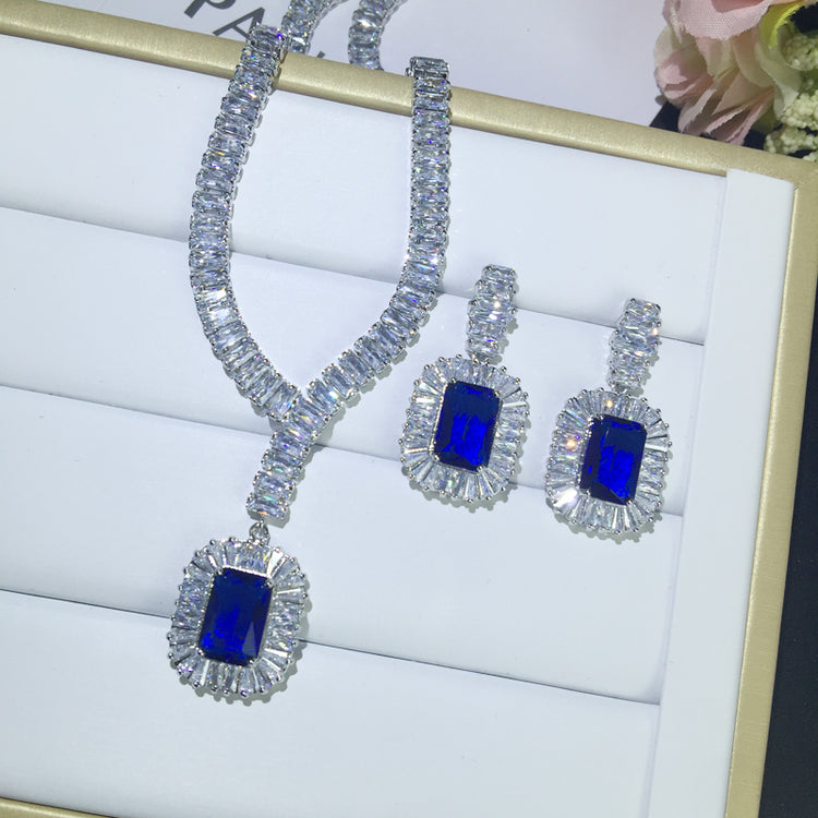 European and American Long Square Sapphire Blue Gemstone Pendant.