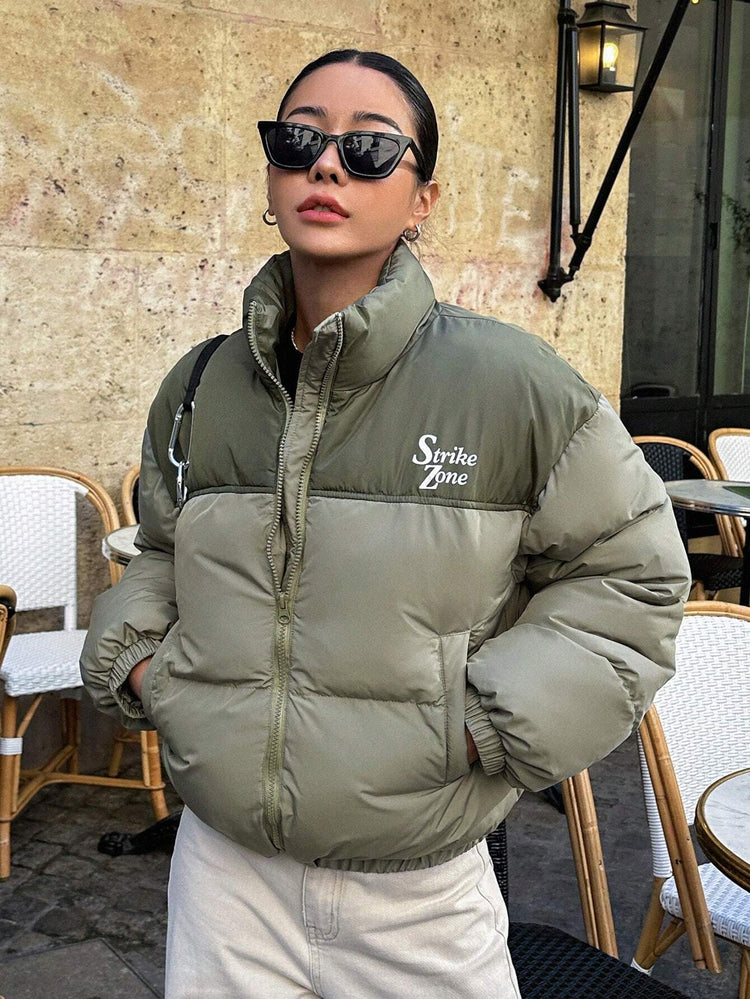 DAZY Letter Graphic Colorblock Zip up Puffer Thick Pockets Coat ,Winter Women Clothes,Winter Coat Women--Rambla Store