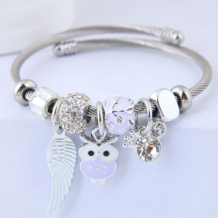 DIY Beaded Owl Angel Wings Pendant Stainless Steel Bracelet-0-Rambla Store