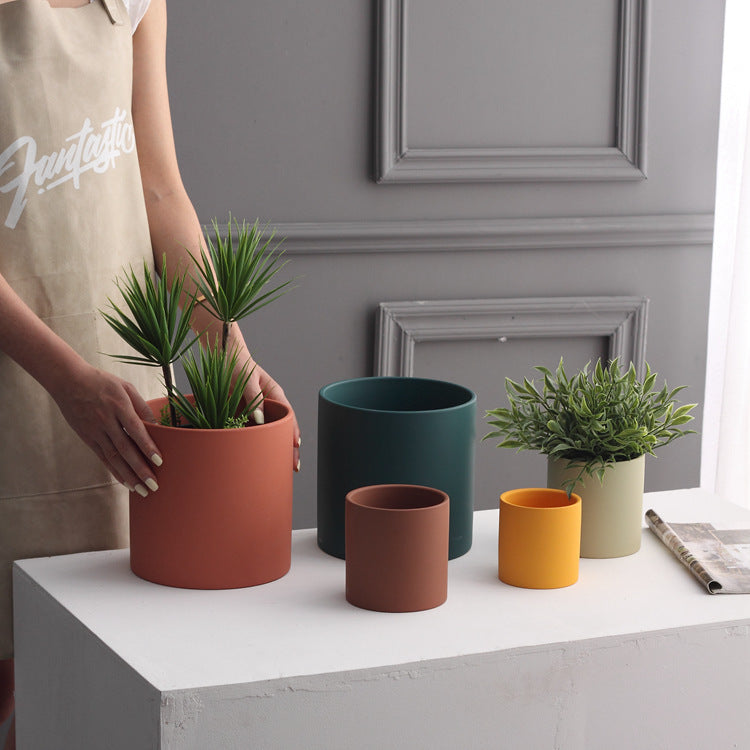 Nordic Industrial Style Colorful Ceramic Flowerpot Succulent Planter Green Plants Cylindrical Shape Flower Pot With Hole Tray-0-Rambla Store