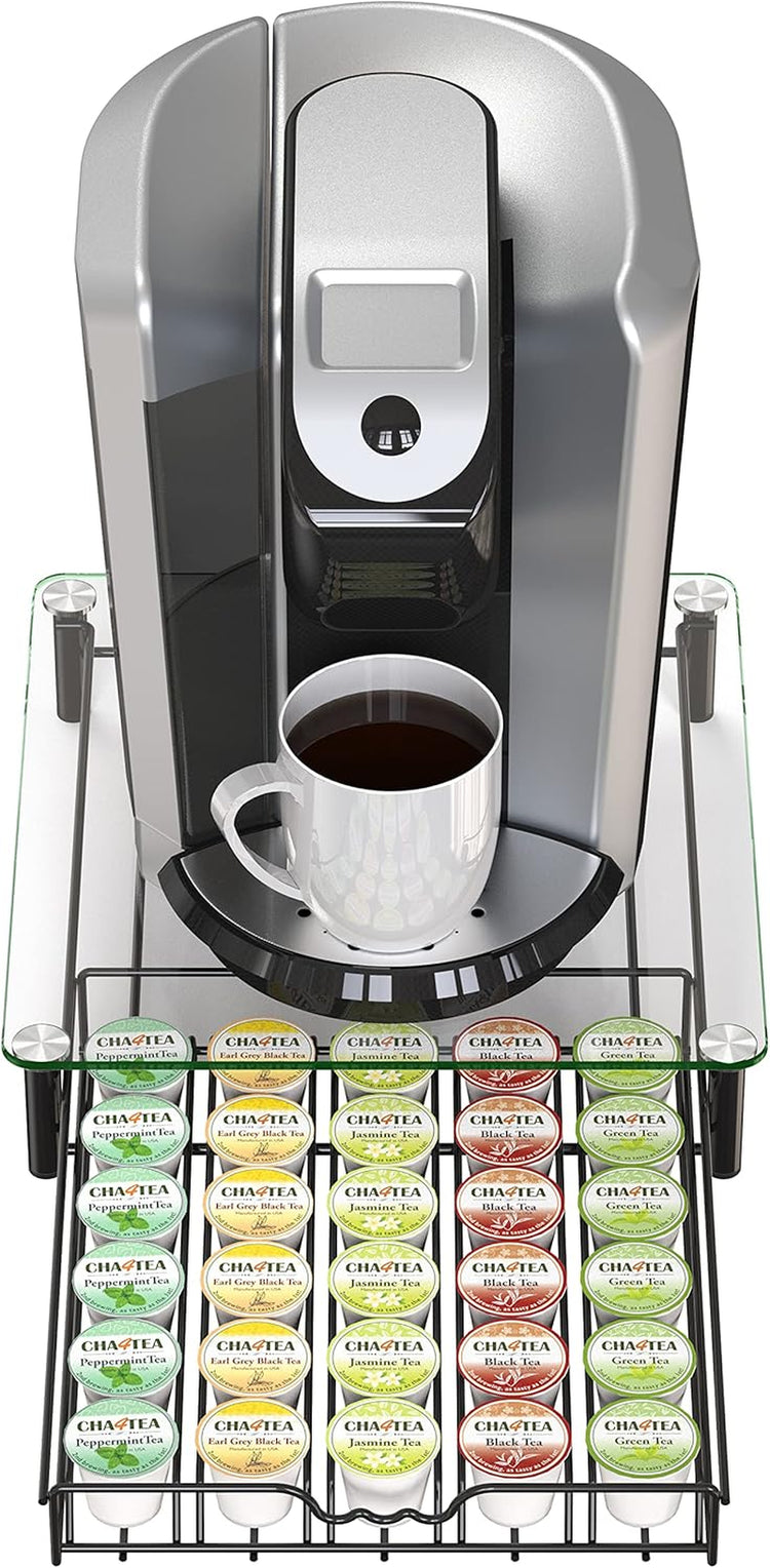 Crystal Tempered Glass K-Cup Holder Drawer for 30 Coffee Pods Storage, Black.