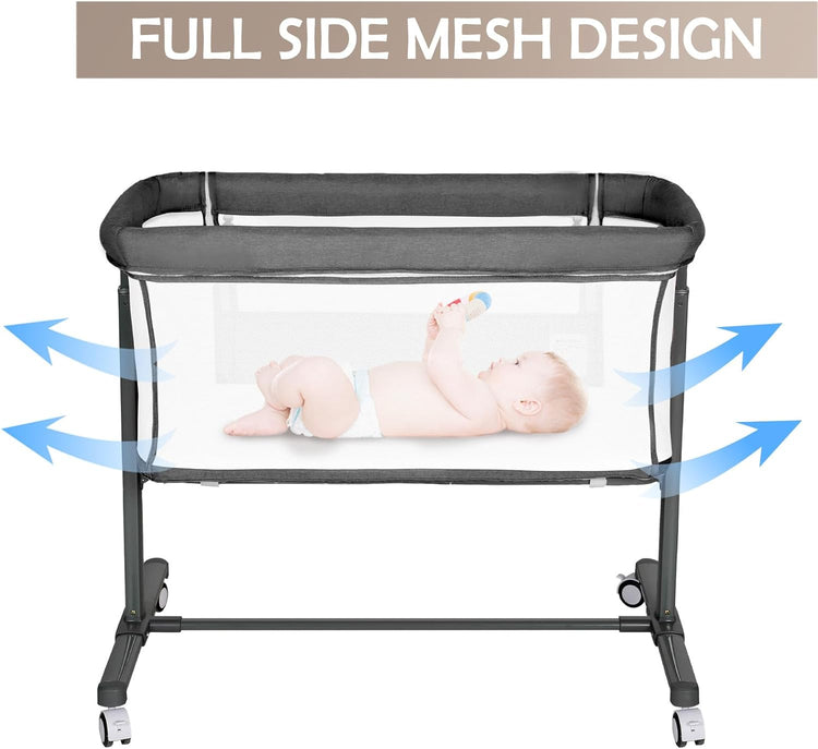 Baby Bassinet W/Wheels, Folding Portable Newborn Bedside Sleeper, All-Sided Mesh Infant Crib, Adjustable Height/Angle, Removable Soft Mattress, No Tool to Assemble, Grey--Rambla Store