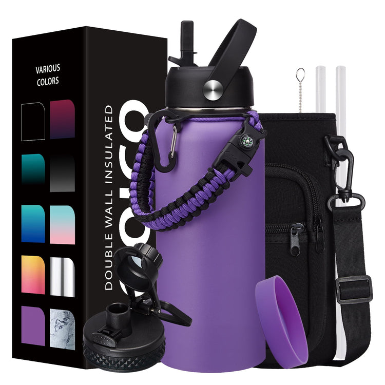 32 Oz Insulated Water Bottle with Straw - Spout Lids, Paracord Handle, Shoulder Carrier Bag, Stainless Steel Sport Water Bottle Metal Flask--Rambla Store