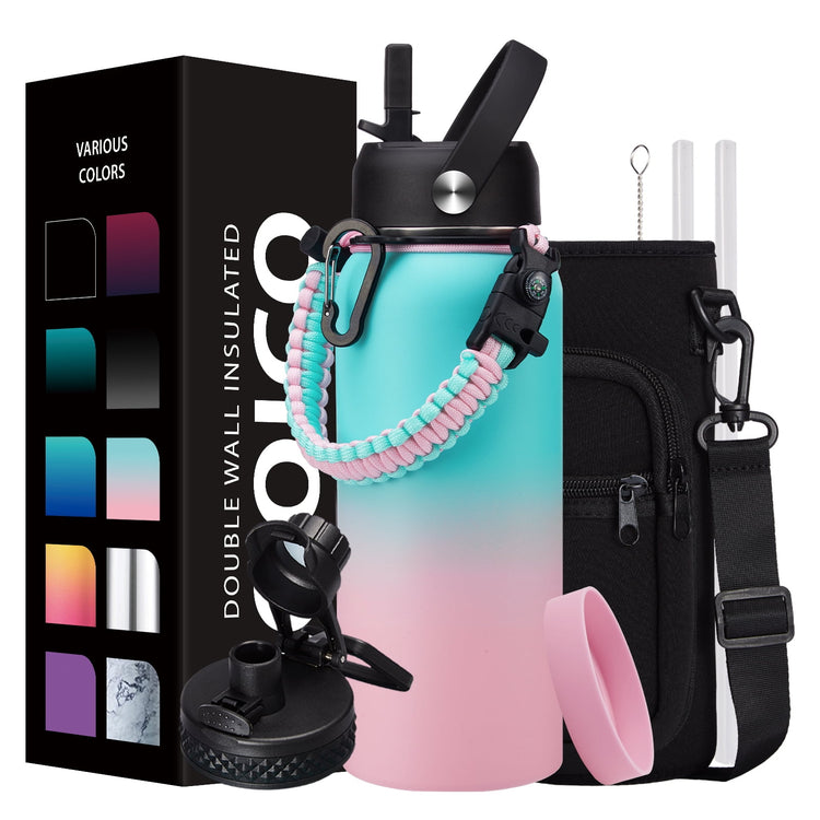 32 Oz Insulated Water Bottle with Straw - Spout Lids, Paracord Handle, Shoulder Carrier Bag, Stainless Steel Sport Water Bottle Metal Flask--Rambla Store