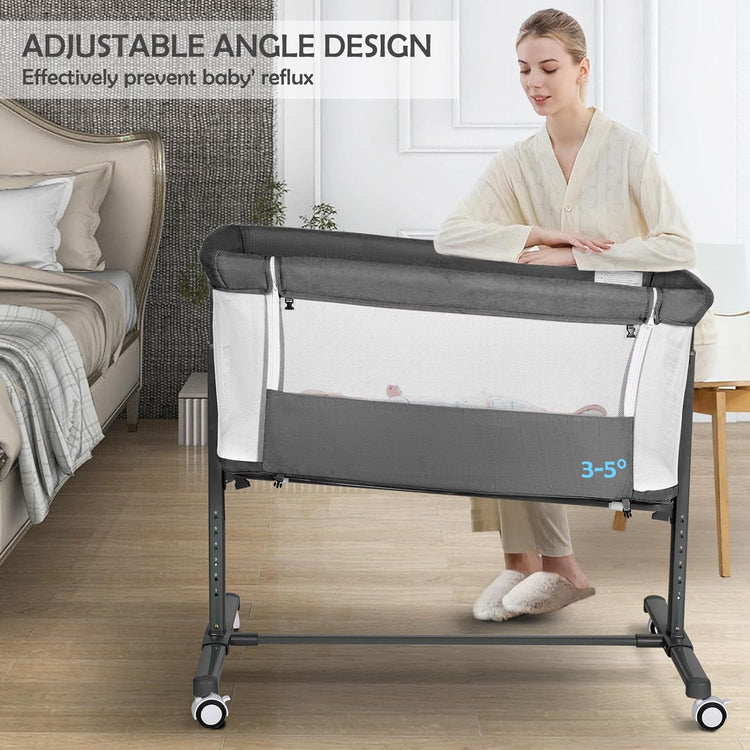 Baby Bassinet W/Wheels, Folding Portable Newborn Bedside Sleeper, All-Sided Mesh Infant Crib, Adjustable Height/Angle, Removable Soft Mattress, No Tool to Assemble, Grey--Rambla Store