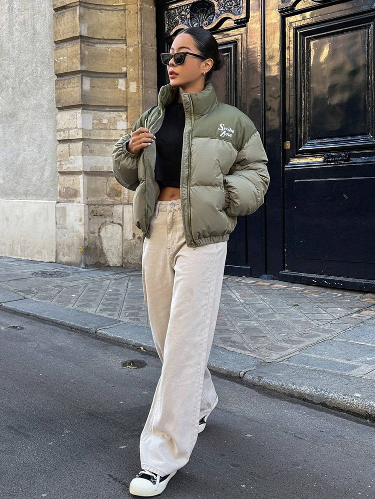DAZY Letter Graphic Colorblock Zip up Puffer Thick Pockets Coat ,Winter Women Clothes,Winter Coat Women--Rambla Store