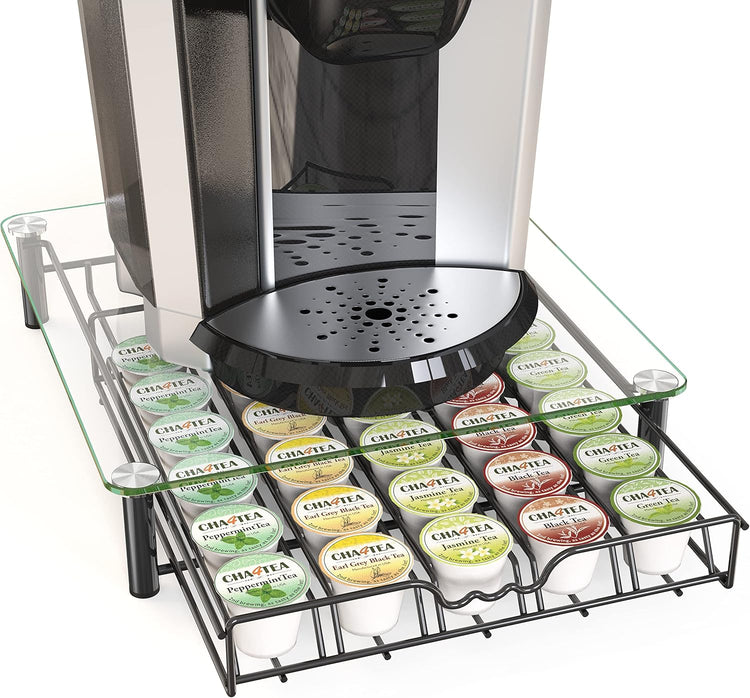 Crystal Tempered Glass K-Cup Holder Drawer for 30 Coffee Pods Storage, Black.