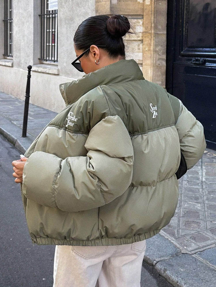 DAZY Letter Graphic Colorblock Zip up Puffer Thick Pockets Coat ,Winter Women Clothes,Winter Coat Women--Rambla Store