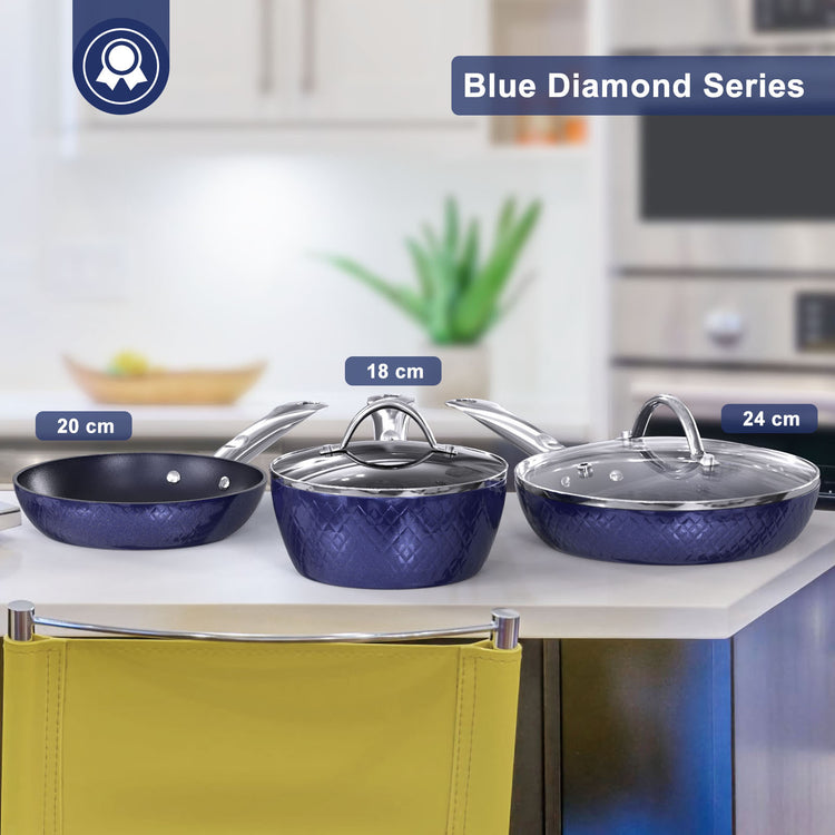 Frying Pan Sets Non Stick 3Pieces Blue 3D Diamond Cookware-5-Rambla Store