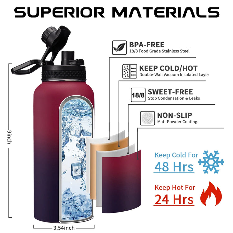 32 Oz Insulated Water Bottle with Straw - Spout Lids, Paracord Handle, Shoulder Carrier Bag, Stainless Steel Sport Water Bottle Metal Flask--Rambla Store