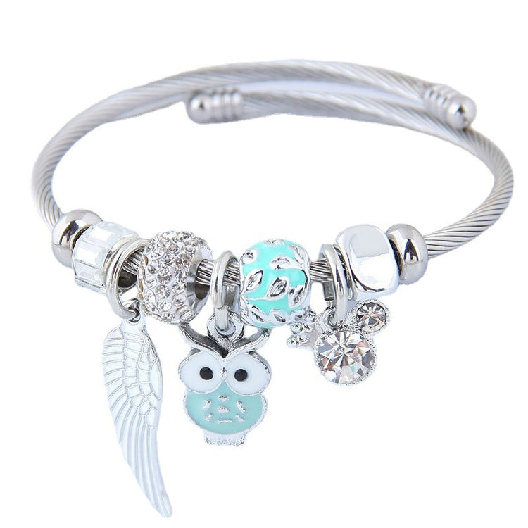 DIY Beaded Owl Angel Wings Pendant Stainless Steel Bracelet-0-Rambla Store