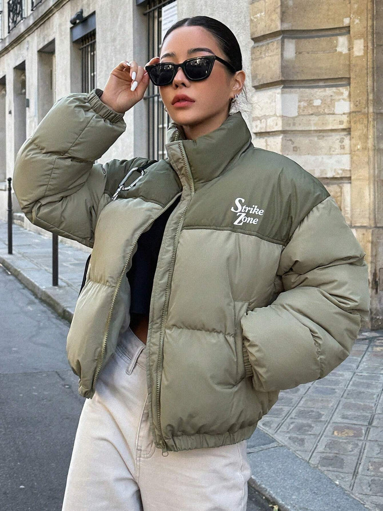 DAZY Letter Graphic Colorblock Zip up Puffer Thick Pockets Coat ,Winter Women Clothes,Winter Coat Women--Rambla Store