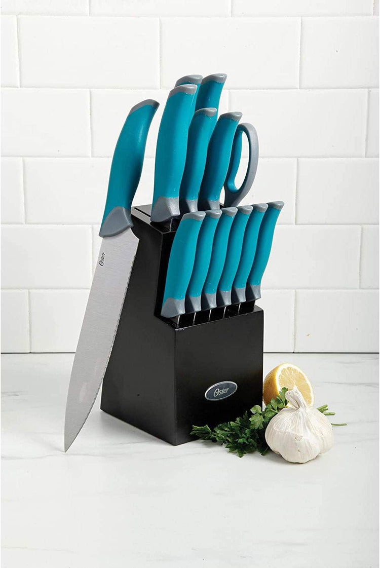 Lindbergh 14 Piece Stainless Steel Cutlery Set Black Block, Teal Handles,Teal/Black--Rambla Store