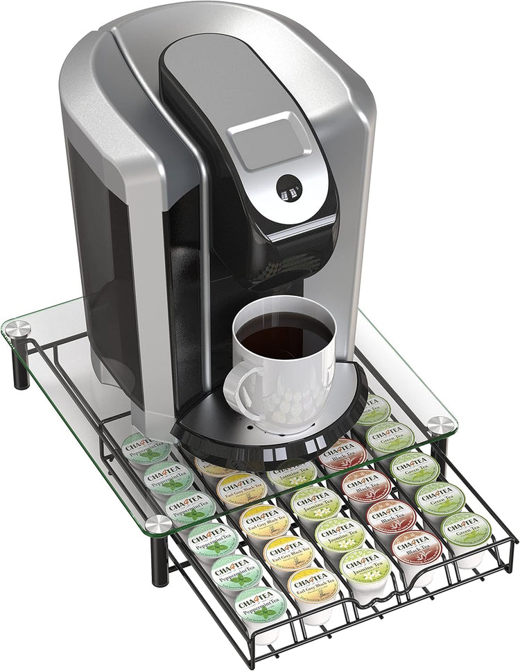 Crystal Tempered Glass K-Cup Holder Drawer for 30 Coffee Pods Storage, Black.