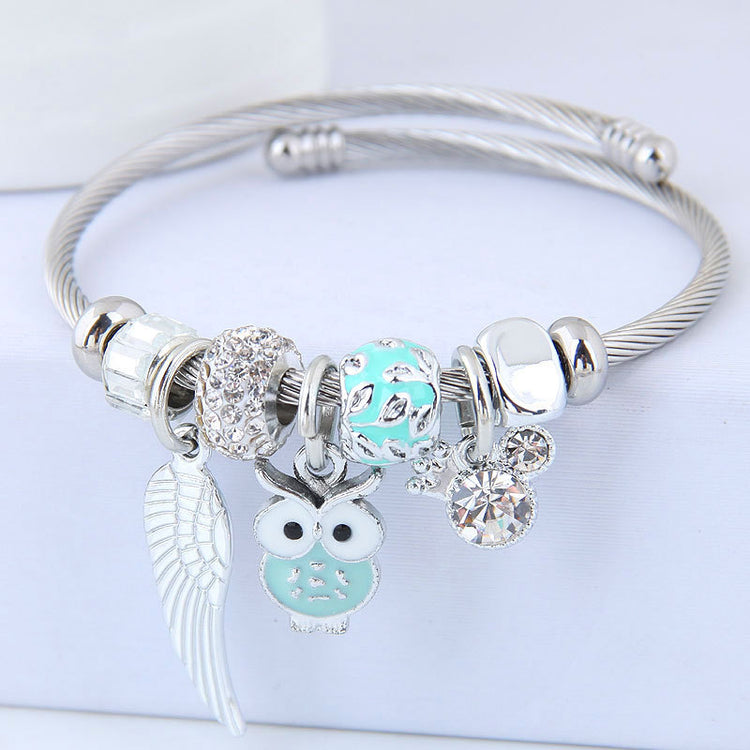 DIY Beaded Owl Angel Wings Pendant Stainless Steel Bracelet-0-Rambla Store