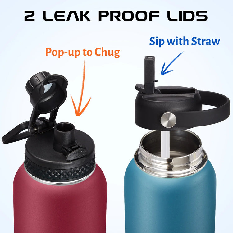 32 Oz Insulated Water Bottle with Straw - Spout Lids, Paracord Handle, Shoulder Carrier Bag, Stainless Steel Sport Water Bottle Metal Flask--Rambla Store