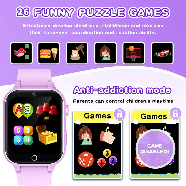 Kids Smart Watches Girls Age 5-12, 26 Games High-Resolution Touchscreen Kids Watch with Video Camera Music Player Pedometer Flashlight 12/24 Hr Educational Toys Birthday Gifts for Girls Ages 6 7 8--Rambla Store