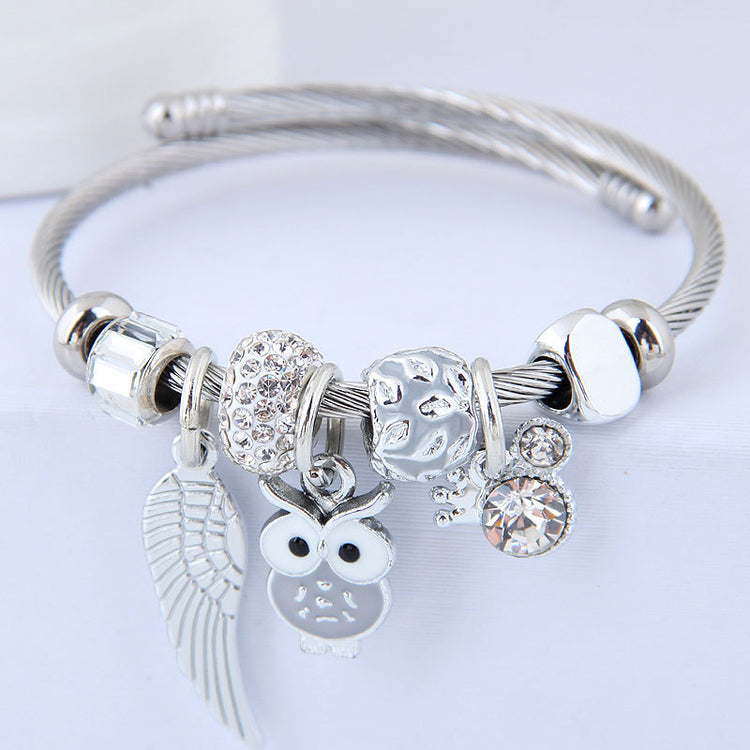 DIY Beaded Owl Angel Wings Pendant Stainless Steel Bracelet-0-Rambla Store
