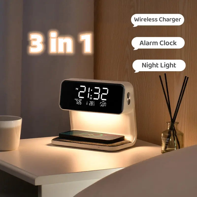 Creative 3 In 1 Bedside Lamp Wireless Charging LCD Screen Alarm Clock  Wireless Phone Charger-0-Rambla Store