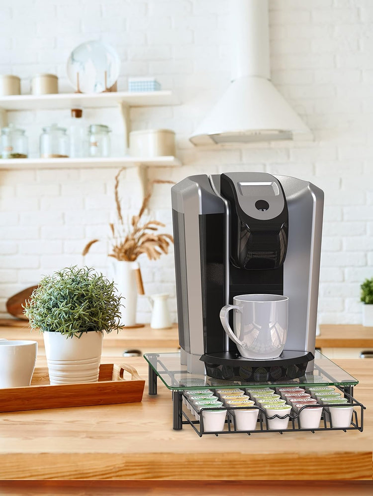 Crystal Tempered Glass K-Cup Holder Drawer for 30 Coffee Pods Storage, Black.