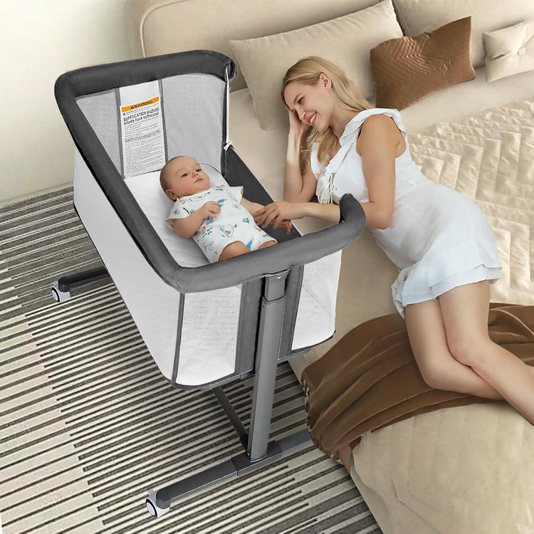 Baby Bassinet W/Wheels, Folding Portable Newborn Bedside Sleeper, All-Sided Mesh Infant Crib, Adjustable Height/Angle, Removable Soft Mattress, No Tool to Assemble, Grey--Rambla Store