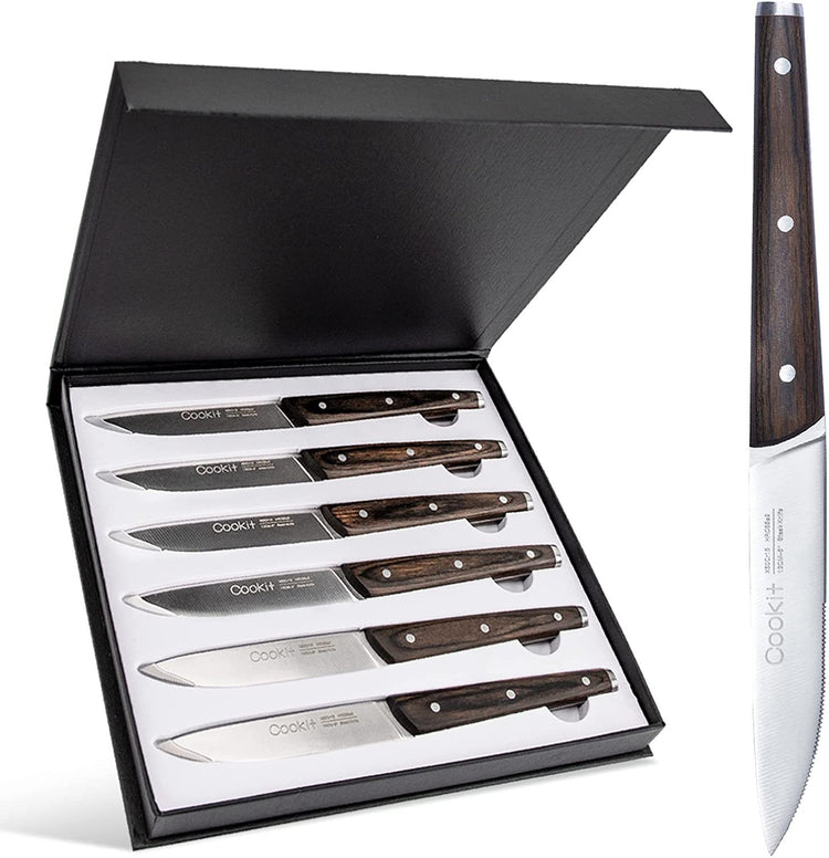 6Pcs Steak Knife Set Serrated Stainless Steel Utility with Wooden Handle for Home Dining Restaurant-5-Rambla Store