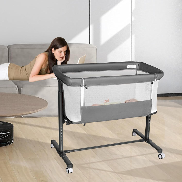 Baby Bassinet W/Wheels, Folding Portable Newborn Bedside Sleeper, All-Sided Mesh Infant Crib, Adjustable Height/Angle, Removable Soft Mattress, No Tool to Assemble, Grey--Rambla Store