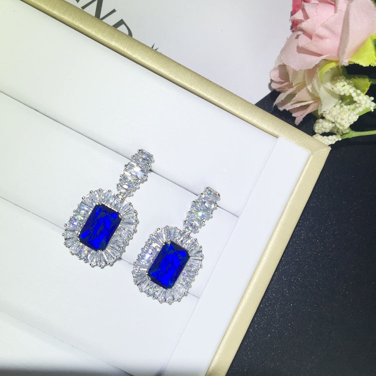 European and American Long Square Sapphire Blue Gemstone Pendant.