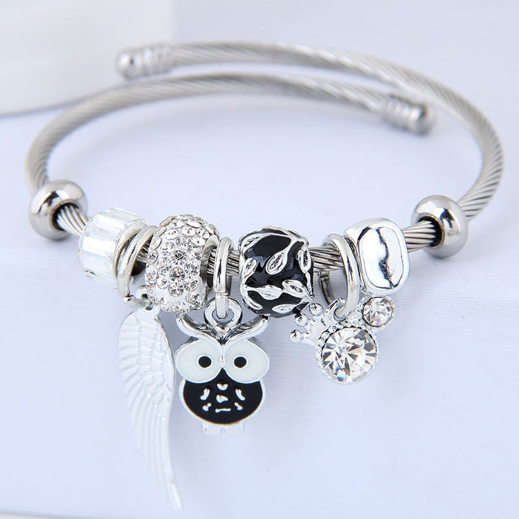 DIY Beaded Owl Angel Wings Pendant Stainless Steel Bracelet-0-Rambla Store