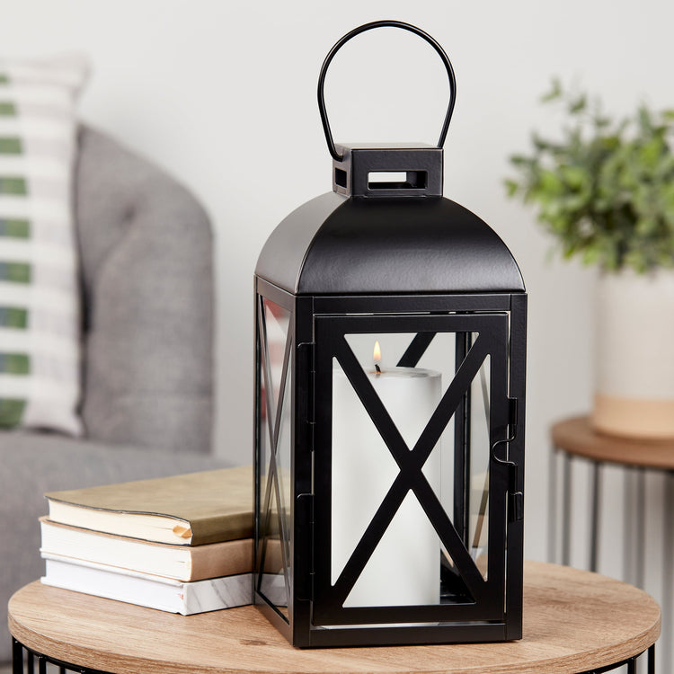 12-Inch Medium Decorative Black Metal Pillar Candle Holder Lantern--Rambla Store