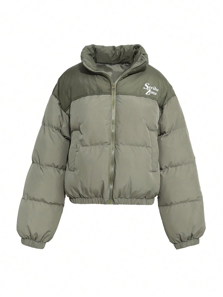 DAZY Letter Graphic Colorblock Zip up Puffer Thick Pockets Coat ,Winter Women Clothes,Winter Coat Women--Rambla Store