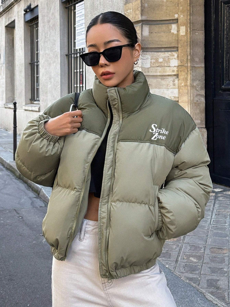 DAZY Letter Graphic Colorblock Zip up Puffer Thick Pockets Coat ,Winter Women Clothes,Winter Coat Women--Rambla Store