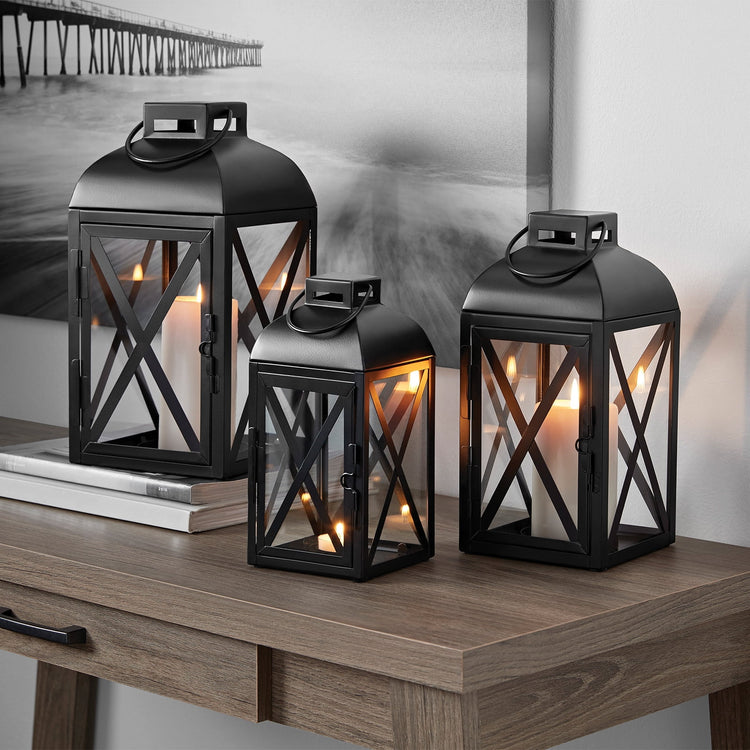 12-Inch Medium Decorative Black Metal Pillar Candle Holder Lantern--Rambla Store