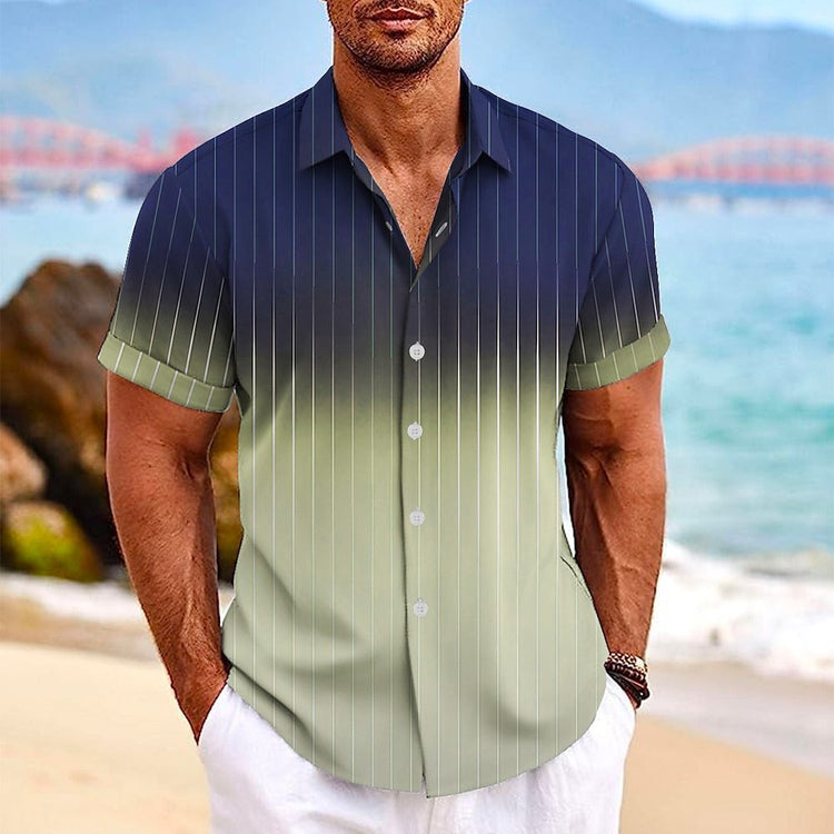 Gradient Striped Print Lapel Button Short-sleeved Shirt-0-Rambla Store