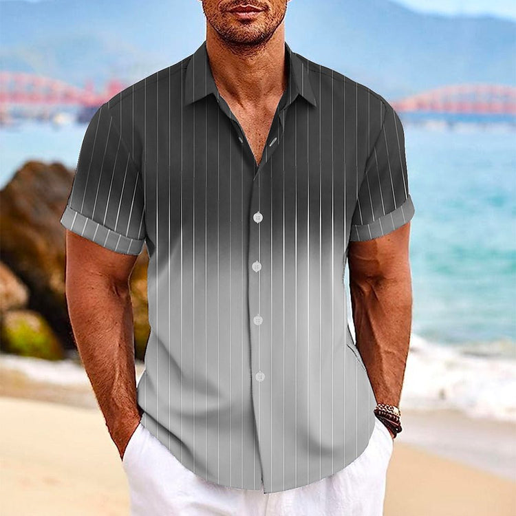 Gradient Striped Print Lapel Button Short-sleeved Shirt-0-Rambla Store