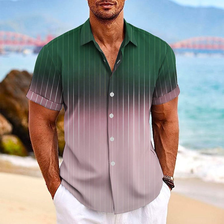 Gradient Striped Print Lapel Button Short-sleeved Shirt-0-Rambla Store