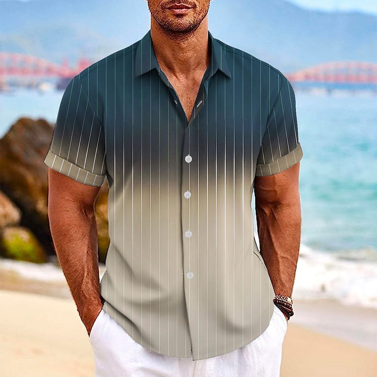 Gradient Striped Print Lapel Button Short-sleeved Shirt-0-Rambla Store