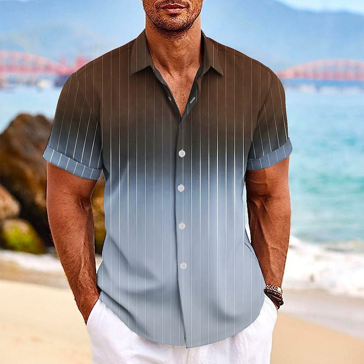 Gradient Striped Print Lapel Button Short-sleeved Shirt-0-Rambla Store