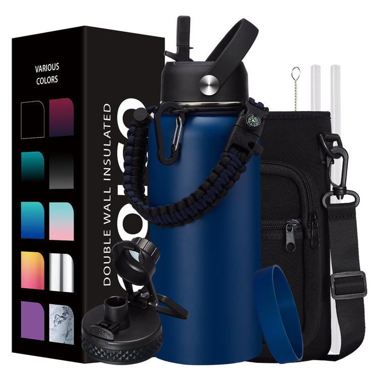 32 Oz Insulated Water Bottle with Straw - Spout Lids, Paracord Handle, Shoulder Carrier Bag, Stainless Steel Sport Water Bottle Metal Flask--Rambla Store