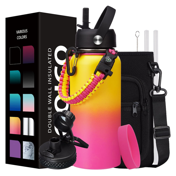 32 Oz Insulated Water Bottle with Straw - Spout Lids, Paracord Handle, Shoulder Carrier Bag, Stainless Steel Sport Water Bottle Metal Flask--Rambla Store