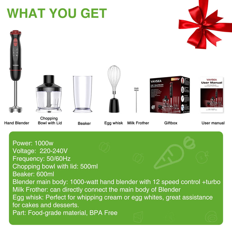 5-in-1 Immersion Hand Blender, 1000W Multi-Function Stick Blender with Stainless Steel Blades, Chopper, 600ml Beaker, and 12-Speed Milk Frother for Baby Food, Smoothies, and Purees--Rambla Store