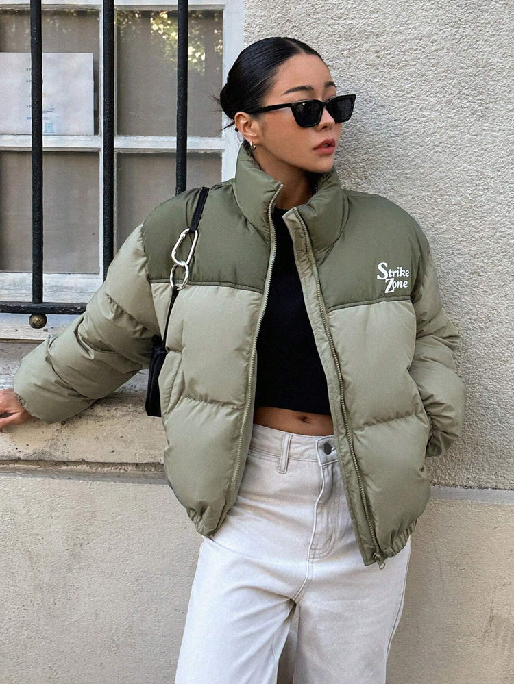 DAZY Letter Graphic Colorblock Zip up Puffer Thick Pockets Coat ,Winter Women Clothes,Winter Coat Women--Rambla Store