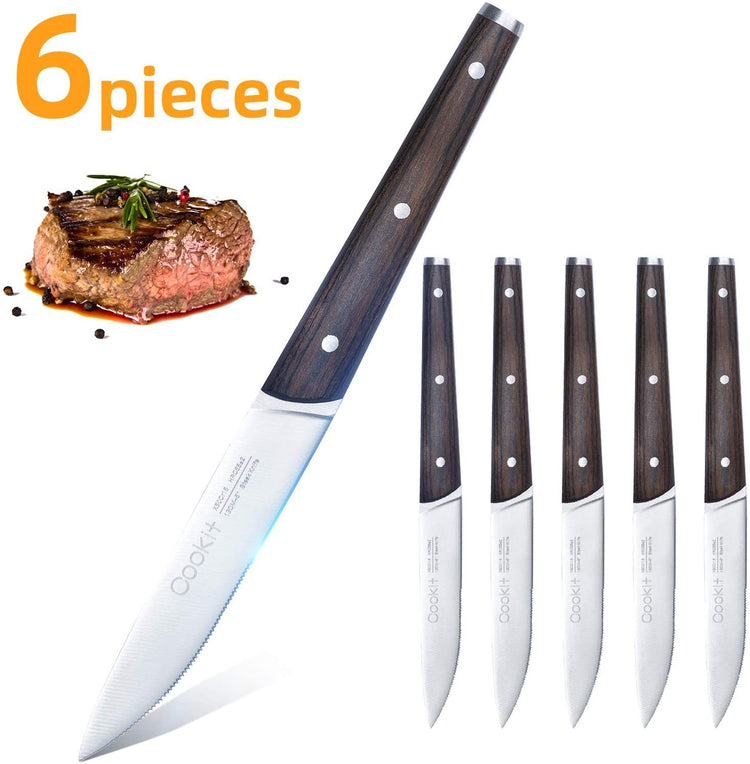 6Pcs Steak Knife Set Serrated Stainless Steel Utility with Wooden Handle for Home Dining Restaurant-5-Rambla Store