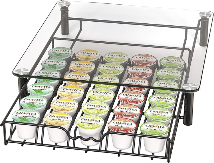Crystal Tempered Glass K-Cup Holder Drawer for 30 Coffee Pods Storage, Black.