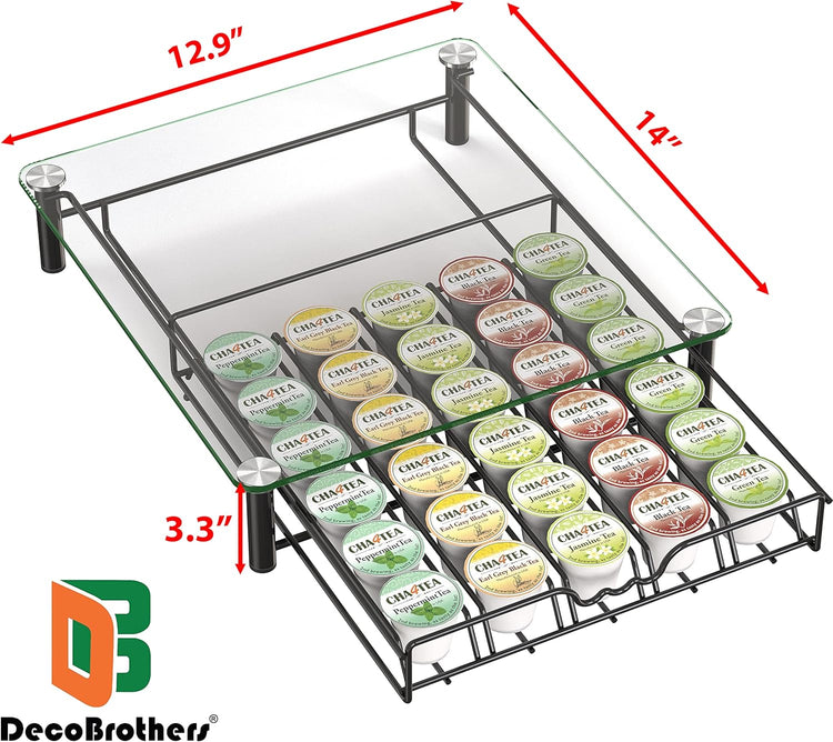 Crystal Tempered Glass K-Cup Holder Drawer for 30 Coffee Pods Storage, Black.