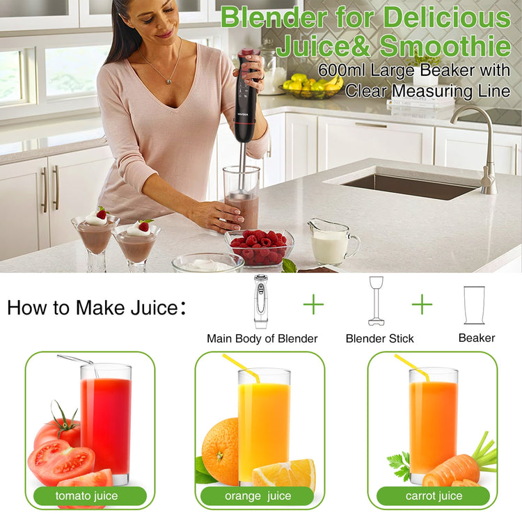 5-in-1 Immersion Hand Blender, 1000W Multi-Function Stick Blender with Stainless Steel Blades, Chopper, 600ml Beaker, and 12-Speed Milk Frother for Baby Food, Smoothies, and Purees--Rambla Store