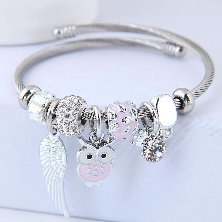 DIY Beaded Owl Angel Wings Pendant Stainless Steel Bracelet-0-Rambla Store