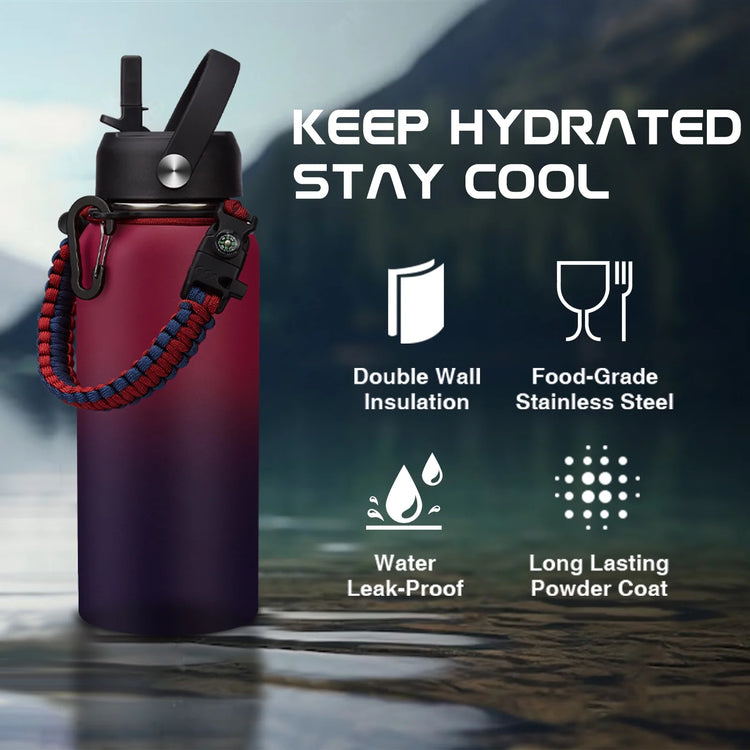 32 Oz Insulated Water Bottle with Straw - Spout Lids, Paracord Handle, Shoulder Carrier Bag, Stainless Steel Sport Water Bottle Metal Flask--Rambla Store