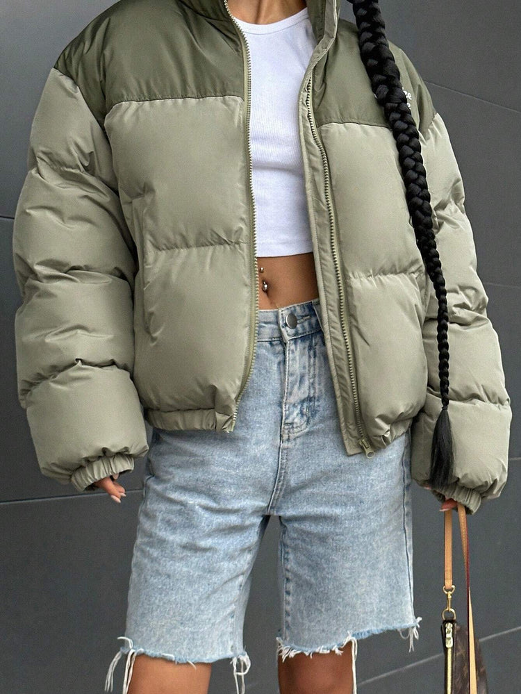DAZY Letter Graphic Colorblock Zip up Puffer Thick Pockets Coat ,Winter Women Clothes,Winter Coat Women--Rambla Store